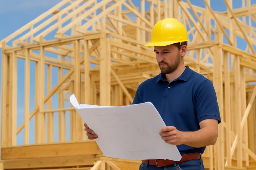 Construction builder reviewing blueprints on-site at a new home build, showcasing what does a builder do during the planning and construction process.